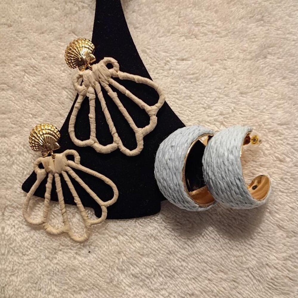 Time and Tru Seashell-themed earrings,  blue-wrapped hoop earrings.